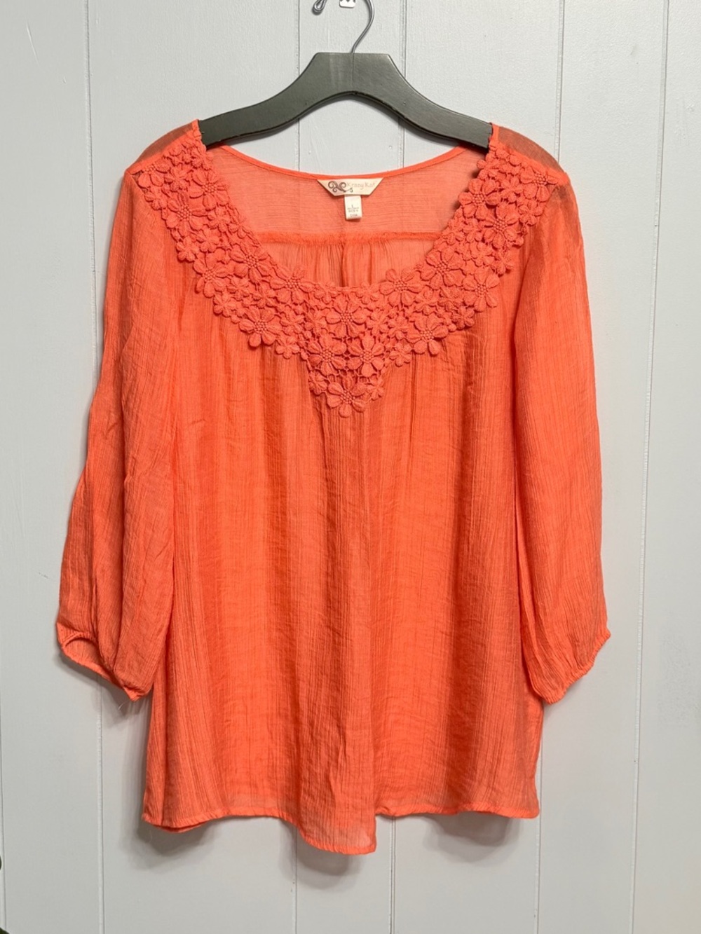 #16)  Charming Coral Crochet-Neck Peasant Top